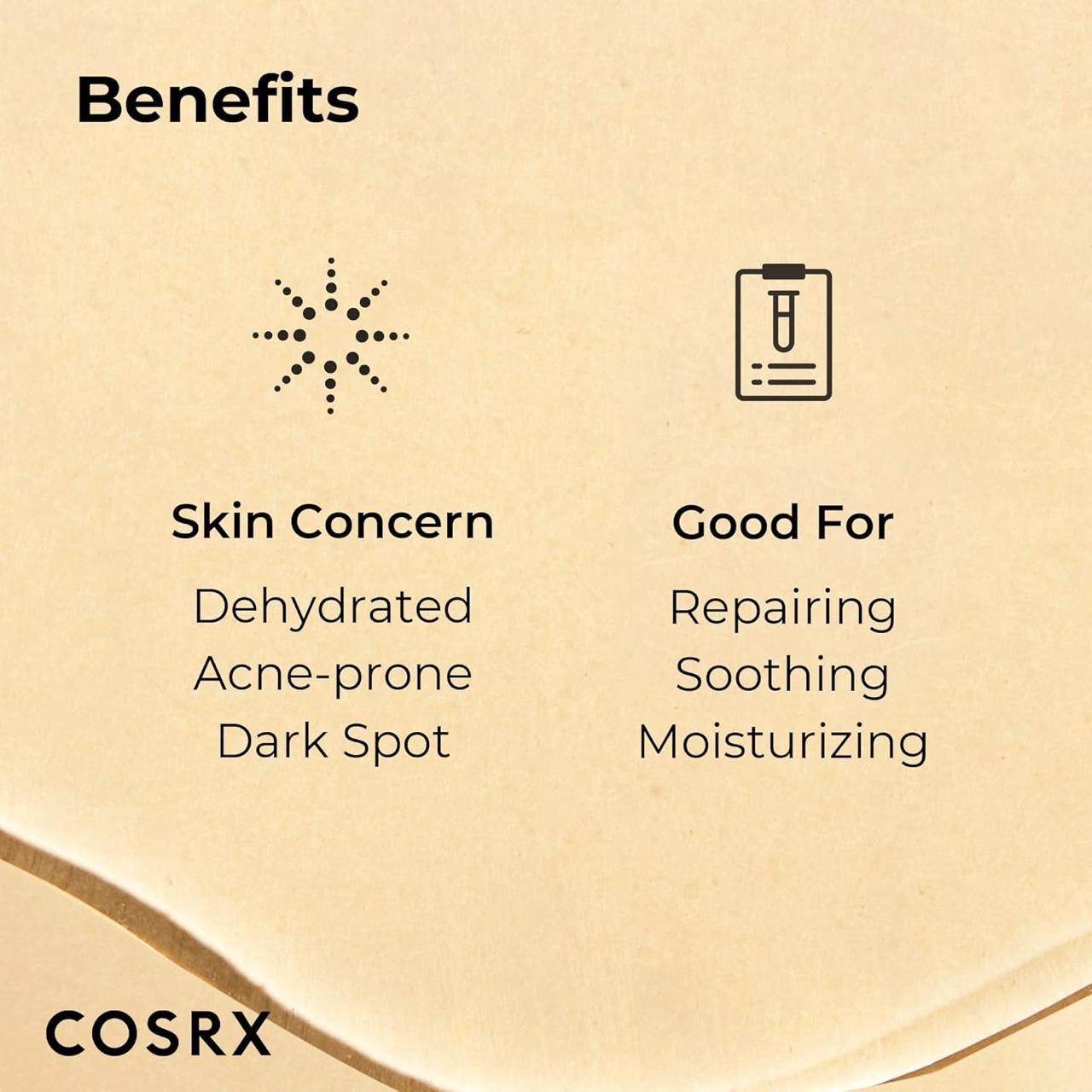 Cosrx product benefits listed on a beige background