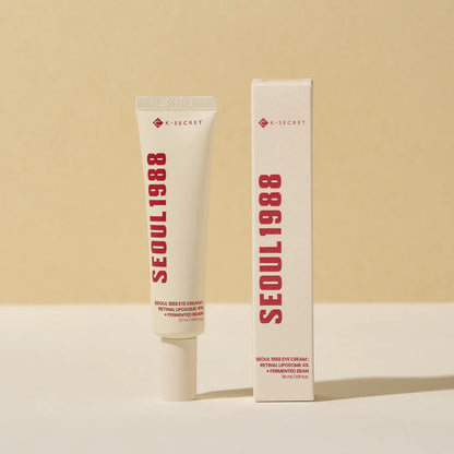 KSECRET - SEOUL 1988 Eye Cream : Retinal Liposome + 4 Fermented Bean tube and retail box on beige background