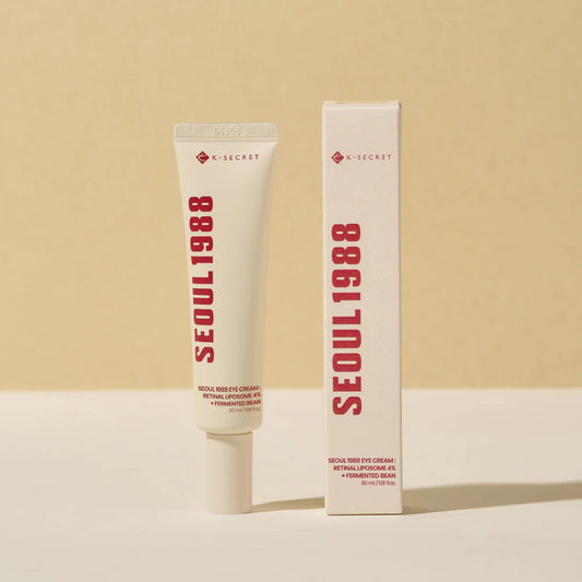 KSECRET - SEOUL 1988 Eye Cream : Retinal Liposome + 4 Fermented Bean tube and retail box on beige background