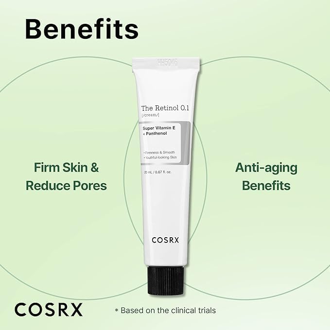 COSRX Retinol 0.1 tube with anti aging and firm skin benefits listed