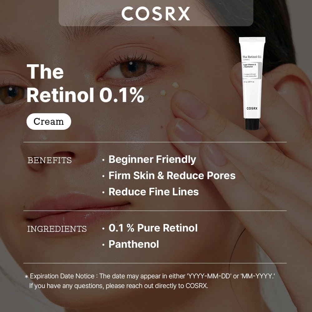 COSRX Retinol 0.1% Cream packaging with product application on skin.