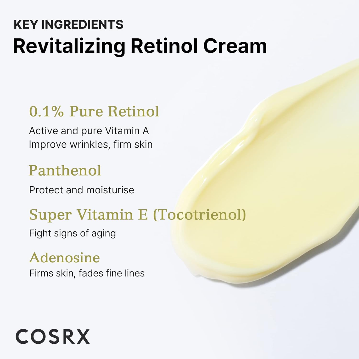 Revitalizing Retinol Cream with key ingredients listed and COSRX branding.