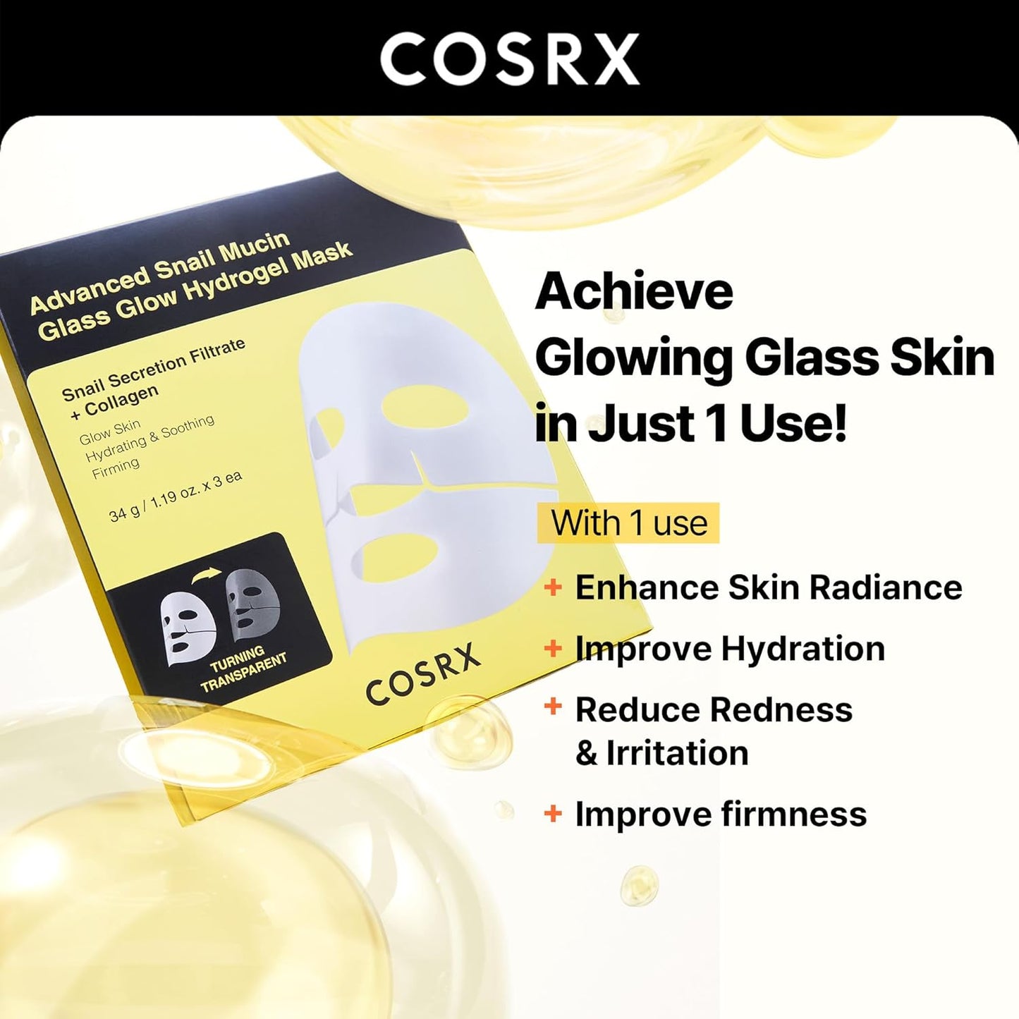 COSRX – Advanced Snail Mucin Glass Glow Hydrogel Mask (3 sheets) – Hydrating Glass Skin Mask