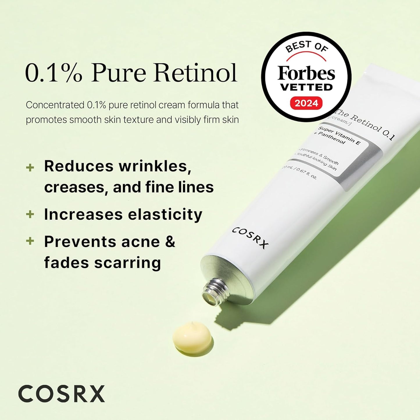 Cosrx retinol cream tube with product benefits and COSRX branding on a light green background