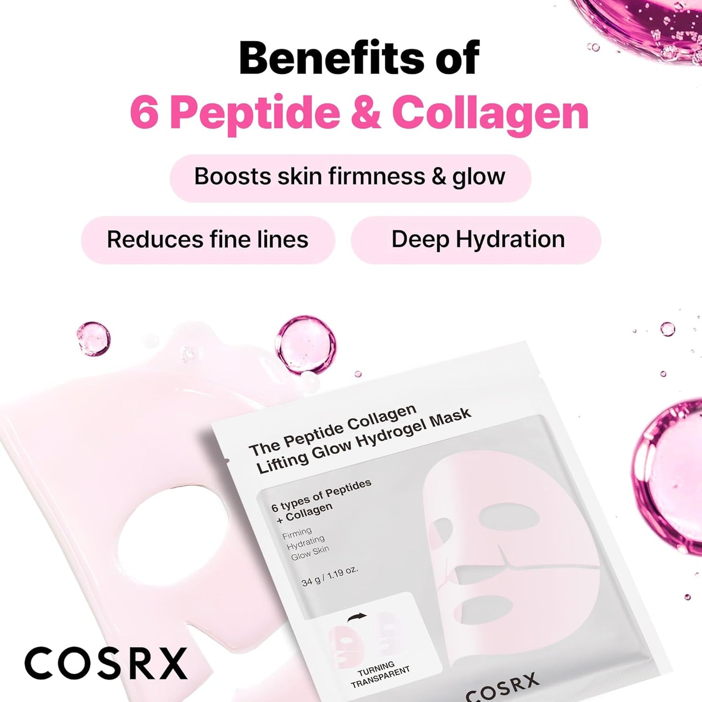COSRX – The Peptide Collagen Lifting Glow Hydrogel Mask (3 sheets) – Lifting & Firming Hydrogel Mask