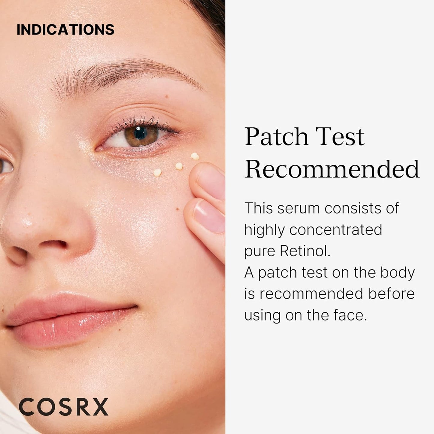 COSRX The Retinol 0.1 application on face with text about patch test recommendation