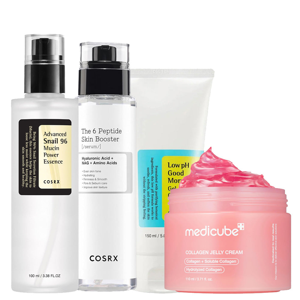 K Beauty Glass Skin Starter Routine - Cleanser, Peptide, Snail & Jelly Cream Bundle