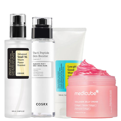 K Beauty Glass Skin Starter Routine - Cleanser, Peptide, Snail & Jelly Cream Bundle