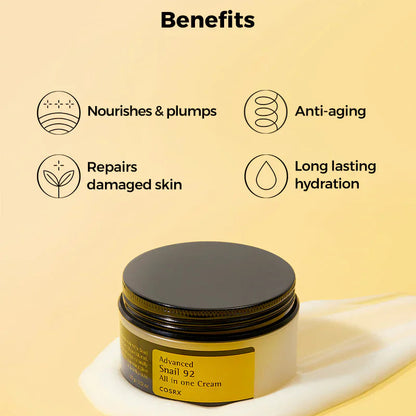 COSRX Snail Mucin All in One cream jar with benefits listed on a beige background