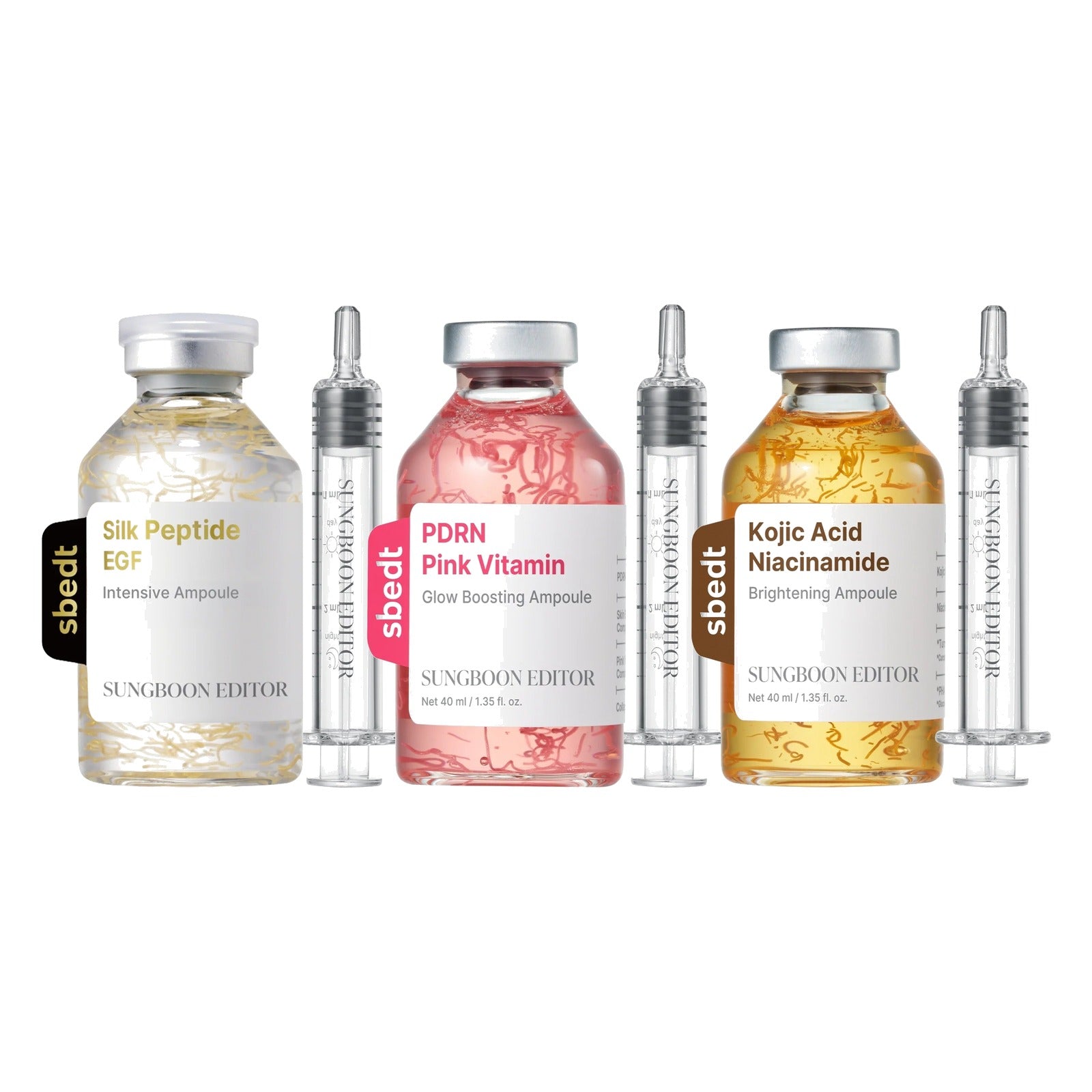 Sungboon Editor Intensive Ampoule Trio Bundle: Silk Peptide EGF, Pink PDRN and Kojic Acid Niacinamide ampoules