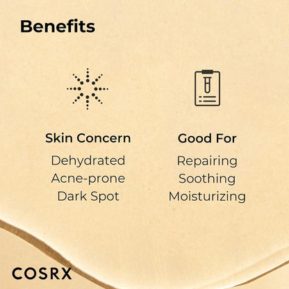 Cosrx product benefits listed on a beige background