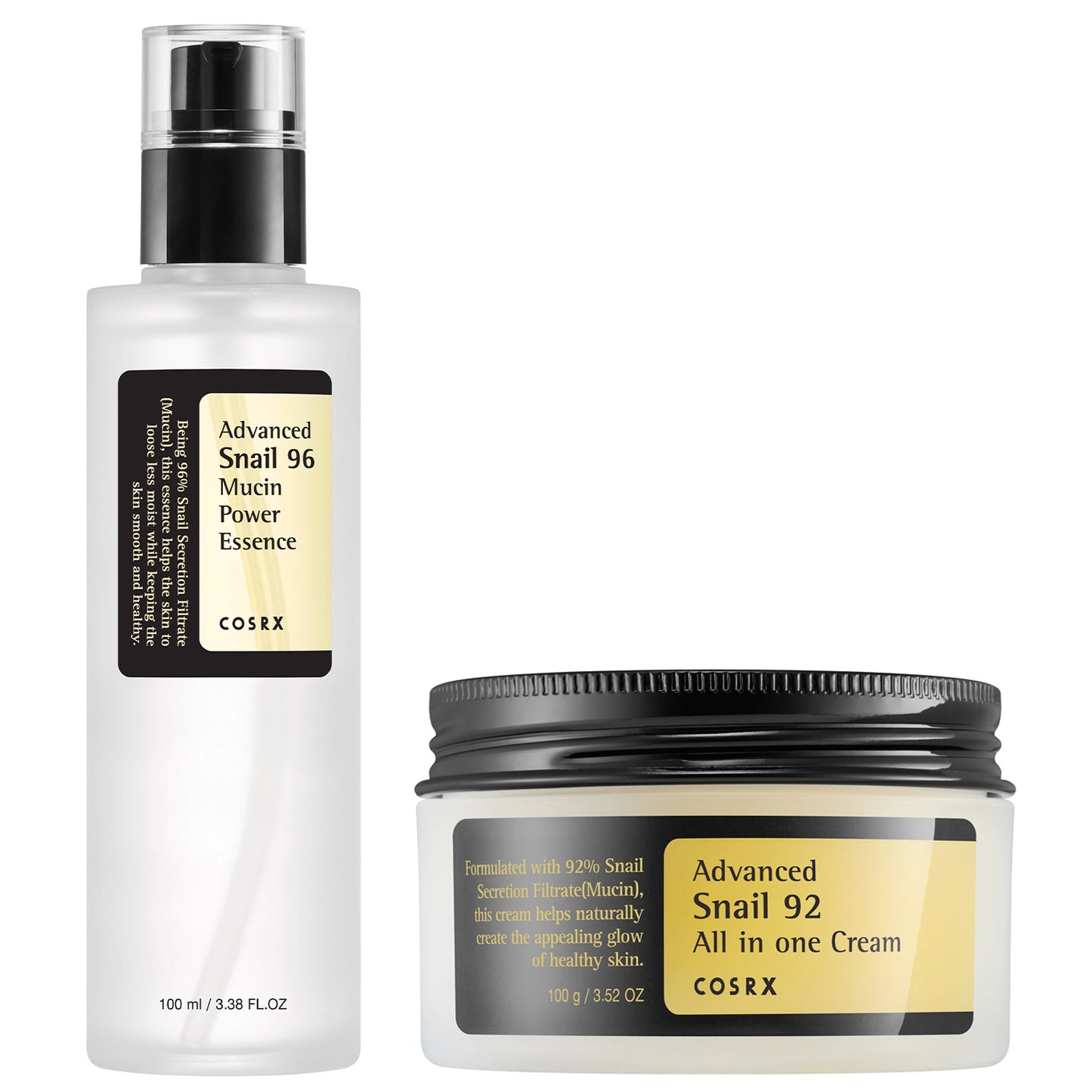 COSRX – Snail Mucin Duo Set – All in One Cream & Power Essence on white background – moisturising product from The K Beauty Edit