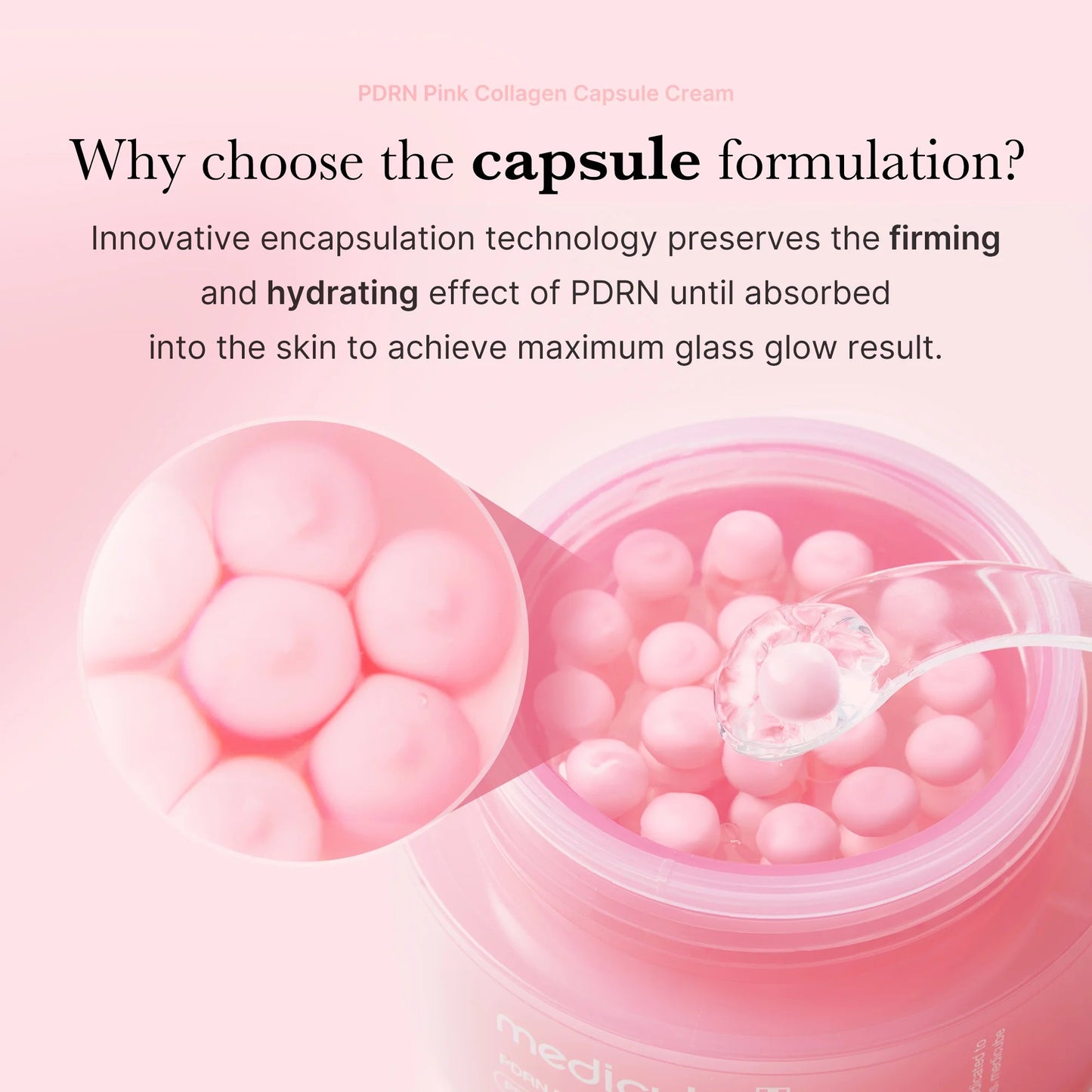 Medicube Pink PDRN collagen capsule cream with text explaining its benefits on a pink background
